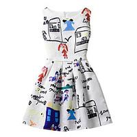 Girl\'s Cotton Fashion And Lovely Graffiti Drawing A-line Collect Waist Vest Printing Princess Dress