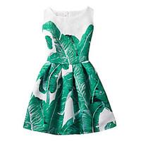 Girl\'s Cotton Fashion And Lovely Green Banana Leaf A-line Collect Waist Vest Printing Princess Dress