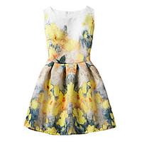 Girl\'s Cotton Fashion And Lovely Small Yellow Flowers A-line Collect Waist Vest Printing Princess Dress