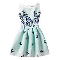 Girl\'s Cotton Fashion And Lovely Green Small Butterfly A-line Collect Waist Vest Printing Princess Dress