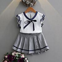 Girls\' Patchwork Sets, Cotton Polyester Summer Spring Short Sleeve Clothing Set