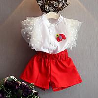 Girls\' Solid Color Sets, Cotton Polyester Summer Spring Short Sleeve Clothing Set