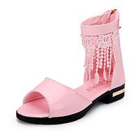 Girl\'s Sandals Spring Summer Fall Gladiator Flower Girl Shoes Leather Outdoor Athletic Casual Low Heel Tassel Black Pink White Walking