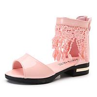 Girls\' Sandals Summer Comfort Flower Girl Shoes PU Party Evening Dress Casual Chunky Heel Zipper Tassel Blushing Pink Black White