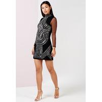 girls on film embellished mini dress in black with sheer sleeves