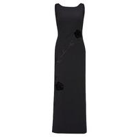 gina bacconi crepe maxi dress with rose embroidery in black