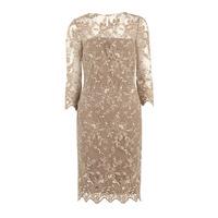 Gina Bacconi Floral Embroidered Dress in Beige