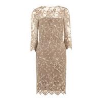 gina bacconi floral embroidered dress in beige