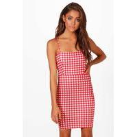 Gingham Square Neck A-Line Dress - red
