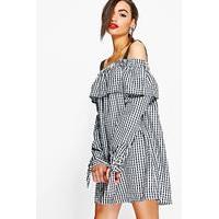 gingham off shoulder tie smock dress black