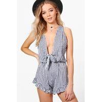 Gingham Deep Plunge Tie Front Playsuit - navy