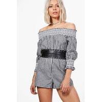 gingham off the shoulder playsuit black