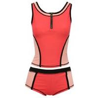 girls colour block zip front tankini two piece swimwear pink