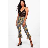 Gingham Floral Ruffle Hem Trousers - black