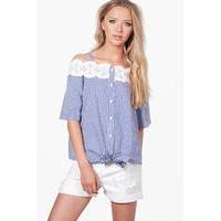 Gingham Crochet Cold Shoulder Blouse - blue