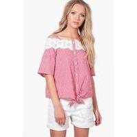 Gingham Crochet Cold Shoulder Blouse - red