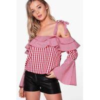 Gingham Tie Bell Sleeve Off The Shoulder Top - red