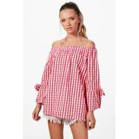 Gingham Flute Sleeve Cotton Blouse - red