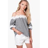 Gingham Crochet Bardot Top - black