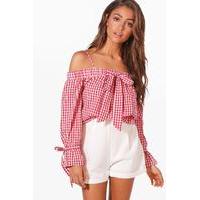 Gingham Cold Shoulder Top - red