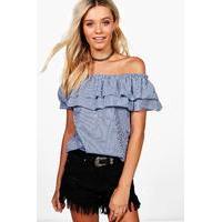 gingham ruffle off the shoulder top blue
