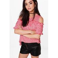 gingham ruffle detail top red