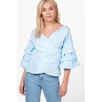 Gingham Ruffle Tiered Sleeve Wrap Top - blue