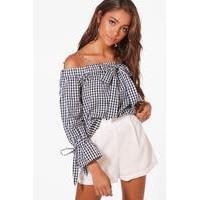 Gingham Cold Shoulder Top - navy