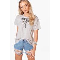 Gingham Lace Up T-Shirt - grey marl