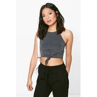 Gia Knot Front High Neck Crop Top - charcoal