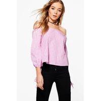 Gingham Off The Shoulder Woven Top - pink