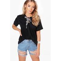 Gingham Lace Up T-Shirt - black
