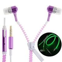 Glow In The Dark Zipper Earphones Earbuds Headphones Headsets with Universal 3.5mm Stereo Jack Mic for Cell Phones
