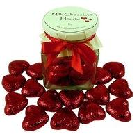 glass gift jar of chocolate hearts ruby red