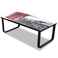 glass coffee table with telephone booth printing