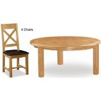 Global Home Salisbury Oak Dining Set - Round with 4 Faux Leather Seat Cross Back Chairs