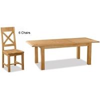 Global Home Salisbury Oak Dining Set - Compact Extending with 6 Wooden Seat Cross Back Chairs