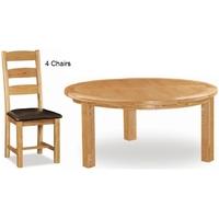 Global Home Salisbury Oak Dining Set - Round with 4 Faux Leather Seat Slatted Chairs