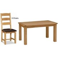 Global Home Salisbury Oak Dining Set - 150cm Fixed with 6 Faux Leather Seat Slatted Chairs