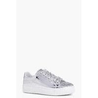 Glitter Panel Ribbon Lace Up Trainer - silver