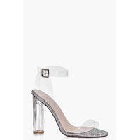 glitter cylinder clear two part heels silver