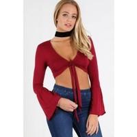 Gloria Frill Bell Sleeve Tie Knot Crop Top