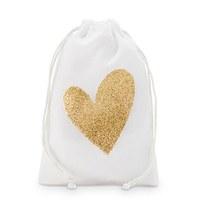 Gold Glitter Heart Muslin Drawstring Favour Bag - Medium