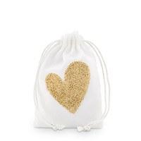 Gold Glitter Heart Muslin Drawstring Favour Bag - Small