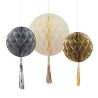 Gold, Silver and Ivory Hanging Honeycomb with Tassel Set of 3