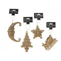 Gold Glitter Finish Plastic Traditional Tree Decorations - 4 Assorted Designs.