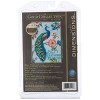 gold petite blue peacock counted cross stitch kit 5x7 18 count