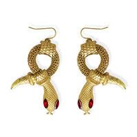 Gold Snake Earrings With Red Gem Eyes