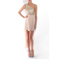 gold sequin one shoulder dip hem dress