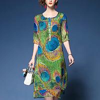 Going out Casual/Daily Beach Boho Shift Dress, Print Round Neck Midi ½ Length Sleeve Silk Green Spring Summer Mid Rise Inelastic
